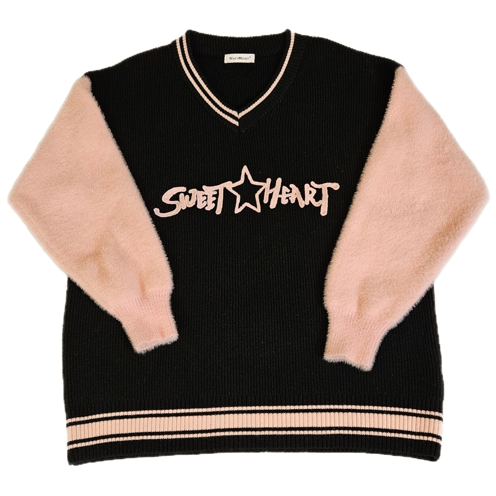 Sweetheart V-Neck Sweater with Pink Sleeves